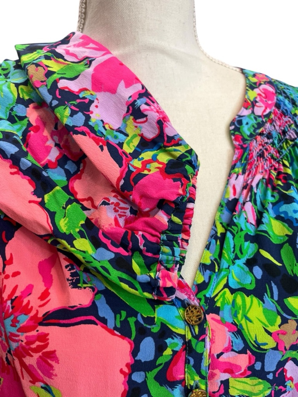 Lilly Pulitzer 100% Silk Floral Tunic Blouse XL Pink Navy Resort Tropical Top - Picture 7 of 9